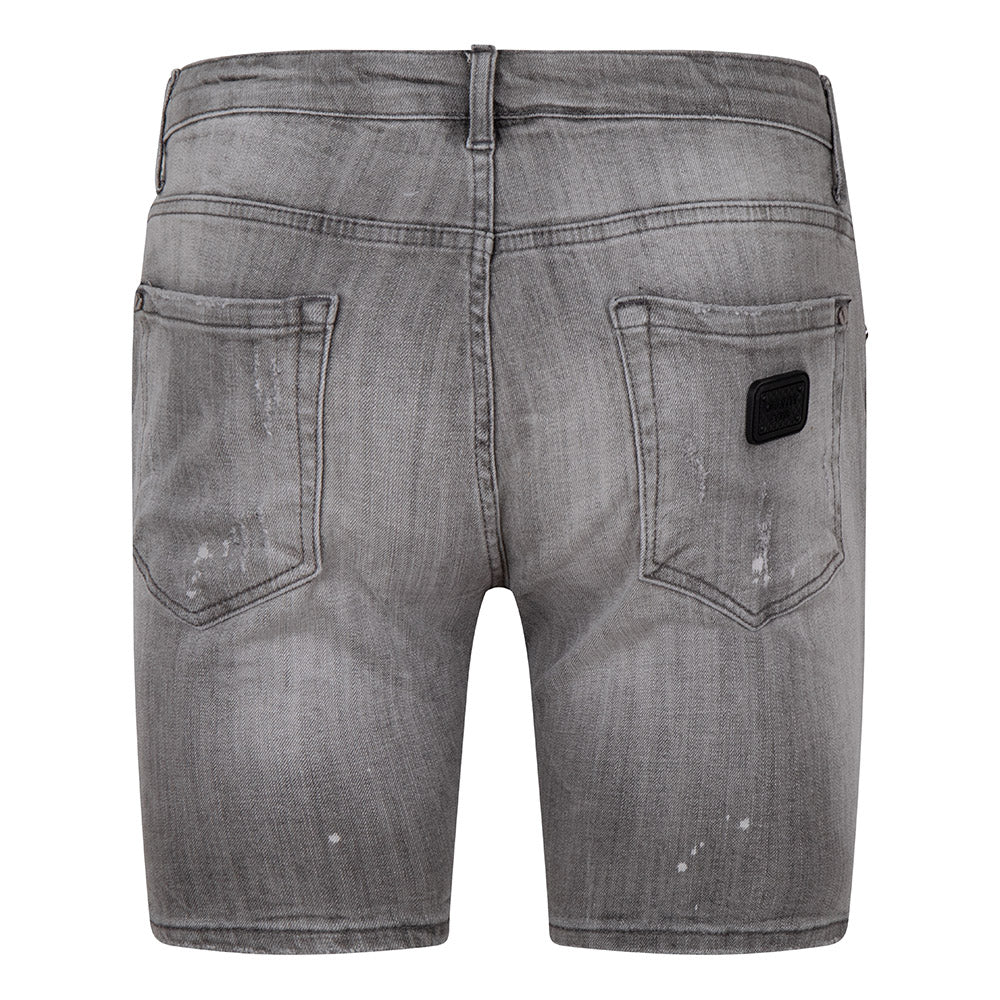 Bleached-Splatter Distressed Baklava-Logo Skinny Jeans Short