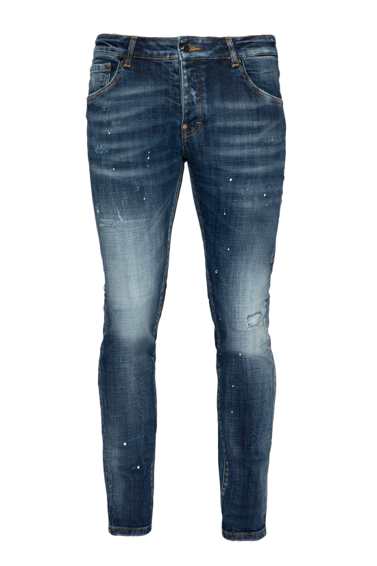 Paint-Splatter Distressed Baklava-Logo Skinny Jeans